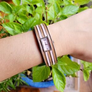 Classic Pink Purple Retro Striped Quartz Womens Womans Cuff Watch